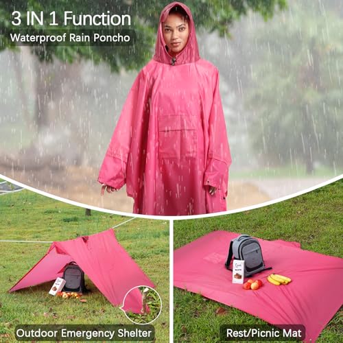 NUUR Regenponcho Damen Herren Unisex Regencape Regenmantel Regenjacke Festival Wasserdicht Hiking Cycling Outdoor 3in1 Mehrzweck Wiederverwendbar Rain Poncho mit Kapuze Gradient Rosa