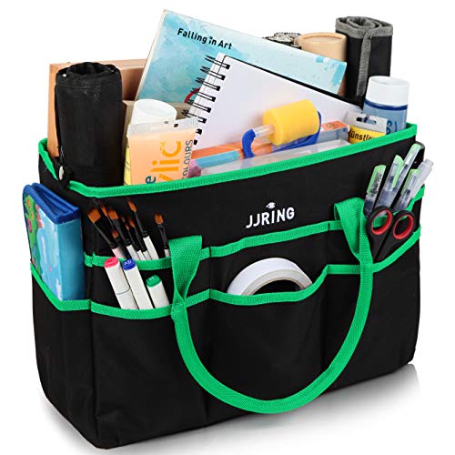 Image of JJRING Large Multi-Functional Carrying Bag, 600D Nylon Artist Tote Bag with 16 Pockets Caddy for Art, Craft, Sewing, Make-up or School, Medical, Office Supplies Organizer, Green