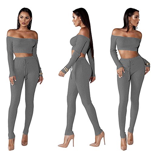 Womens Tracksuit, Knit Off Shoulder Long Sleeve Two Piece Tracksuit Outfits Sexy Jumpsuits Sweatsuit Set Jinjiums (Gary, M)
