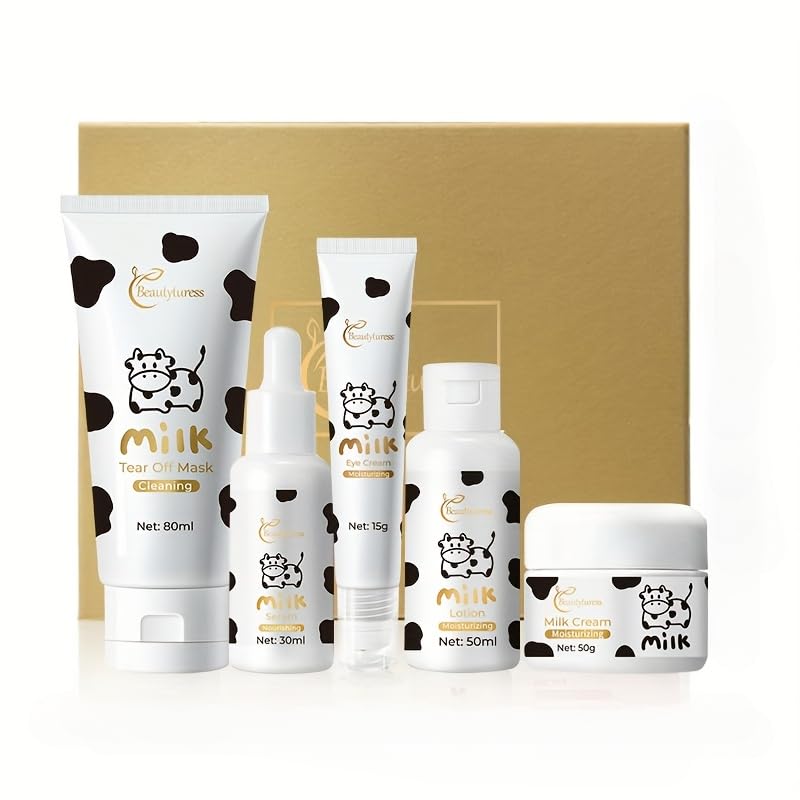 BEAUTYTURESS 5pcs Milk Beauty Travel Skincare Set - Hydrating Cleanser, Moisturizer, Serum, and Cream with Hyaluronic,Portable, Ideal for All Skin Types, Good Gift for Travelers,Hydrating Products