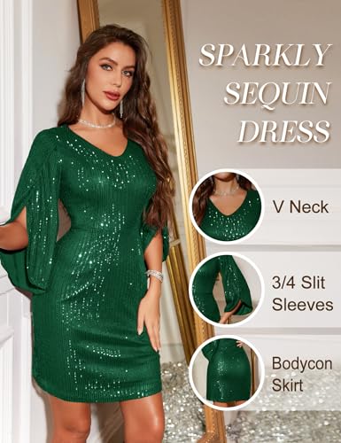 Image of Dressystar Sequin Dress for Women 2026 Sparkly Formal V Neck Long Slit Sleeves Glitter Bodycon Cocktail Party Prom Dresses
