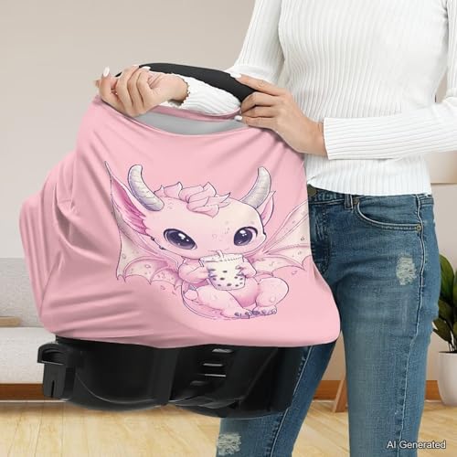Image of Wanyint Dragon Bubble Tea Pink Stretchy Baby Car Seat Covers Carseat Canopy, Baby Breastfeeding Stroller High Chair Shopping Cart Cover