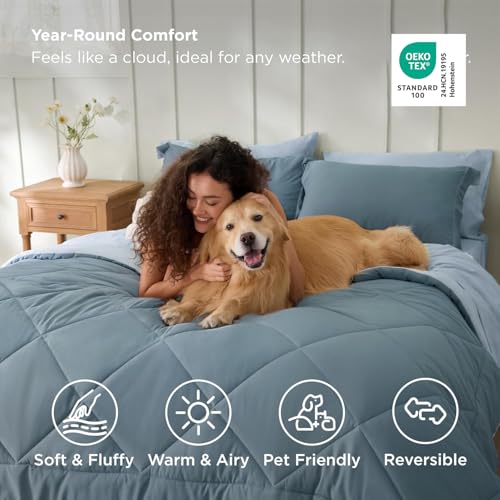 Image of Bedsure Full Comforter Set - 7 Pieces Reversible Grayish Blue Bedding, Full Size Bed Set for All Seasons, Bed in a Bag with Down Alternative Comforter, Sheets, Pillowcases & Shams