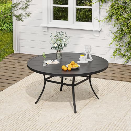 Image of VICLLAX Round Outdoor Table and Chairs, 9 Pieces Patio Dining Set of Metal Patio Table with Storage Shelf and 8 Wicker Patio Stackable Chairs for Porch Yard Garden, Black Tabletop