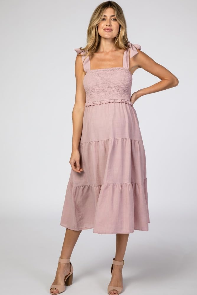 PinkBlush Bow Strap Tiered Maternity Midi Dress