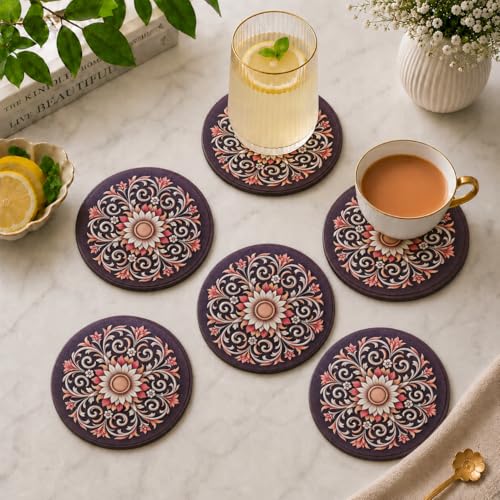Image of GKD Flower Coasters Wooden Tea & Coffee Coaster Set of 6 with Stand | Heat & Water Resistant Table Coaster for Cups, Mugs & Glasses (Dark Floral)