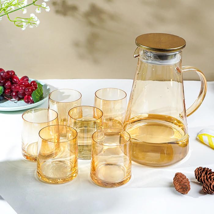 Image of Premium Water and Juice Brown Glass & Borosilicate Glass Jug Set Combo [6 Piece Glass 280ML & 1 Piece Jug 2 Liter] Transparent Pitcher Set for Dining Table,Home & Restaurant,Party (MTS - 10)