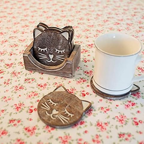 WhopperIndia Hand Carved Wooden Drink Coasters & Holder with Nicely Crafted Barware & Kitchen Tabletop Accessory Home Living Room Decor Set of 6 Cover