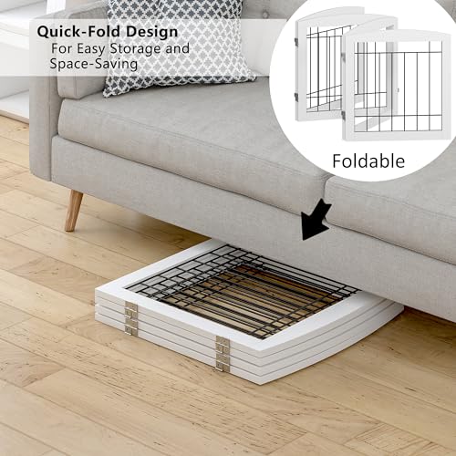 PAWLAND Dog Gate for The House Doorway Stairs Foldable Freestanding Indoor Pet Gate for Dogs Wooden Puppy Safety Fence 80\" Wide 24\" Height 4 Panels White