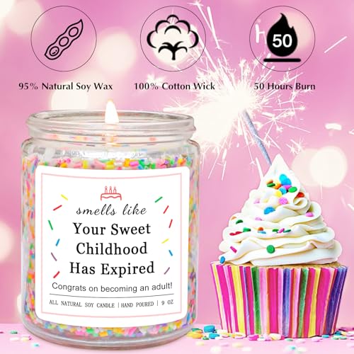 Image of Homsolver 18th Birthday Gifts for Girls, 18th Birthday Decorations Candles Gifts for 18 Year Old Girls, Your Childhood Has Expired Handmade Candles (Vanilla Birthday Cake Scent with Sprinkles)