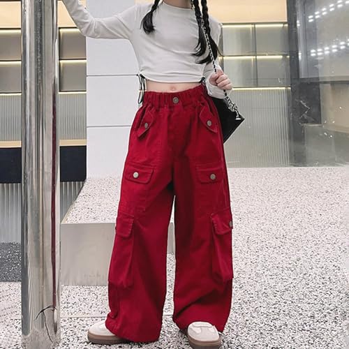 Girls Baggy Straight Cargo Pants Vintage Solide Color Wide Leg Trendy Joggers Cool Elastic High Waisted Trousers3
