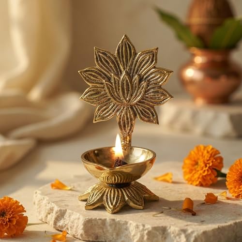Image of Behoma 100% Pure Brass Lotus Diya for Puja | Kamal Deepak Deepam for Pooja Room, Tample,Mandir,Office | Deep for Home Decoration