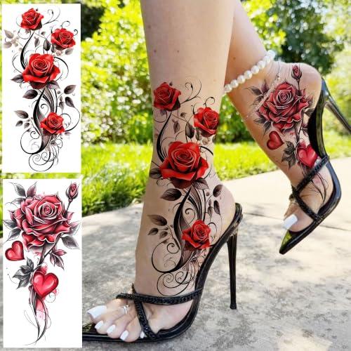 Image of Bilizar 12 Sheets 3D Floral Red Rose Temporary Tattoos For Women Adults Arm Leg Foot Tattoo Sticker, Realistic Feather Phoenix Plum Blossom Fake Tattoos Flower Body Art Waterproof Long Lasting Tatoos