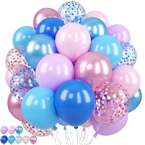 Image of Pink and Blue Balloon, 50Pcs 12 Inch Pastel Pink Blue Purple Confetti, Royal and Metallic Confetti Balloons for Birthday, Baby Shower, Gender Reveal Supplies