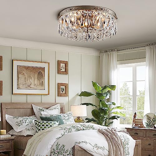 Bestier Antique Silver French Empire Crystal Semi Flush Mount Chandelier Lighting Led Ceiling Light Fixture Lamp For Dining Room Bathroom Bedroom Livingroom 4 E12 Bulbs Required D14 In X H8 In thumb #1