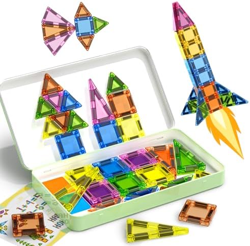 50PCS Mini Magnetic Tiles Travel Toys for Kids Ages 3+, Portable STEM Magnetic Blocks with Storage Tin, Montessori Educational Sensory Toy, Gifts for Boys & Girls, Airplane Car Travel Toys