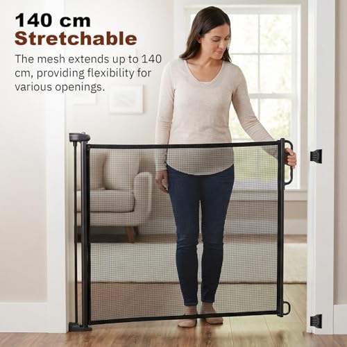 Image of Baybee Retractable Baby Safety Gate Fence for Kids & Pets | 140 cm Stretchable Mesh with Secure Childproof Lock | Foldable Drill-Mount Barrier for Door, Stairs & Kitchen (Black)