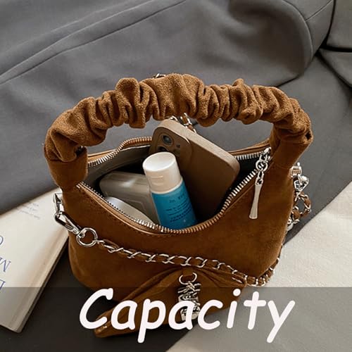 Slouchy Shoulder Bag Y2k Bow Suede Hobo Handbag for Women Cute Heart Charm Retro Underarm Purse with Ruched Handle Fall4