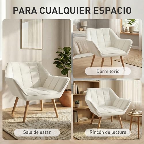 Miniatura 7 de Homcom Butaca De Salón Moderna, Sillón Lectura Tapizado En Terciopelo, Patas De Madera, Fácil Montaje, Sillón Relax Para Sala De Estar, Dormitorio Y Balcón, Crema