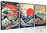 3Pcs Japanese Wall Art Asian Nature Landscape Posters Pictures Kanagawa Giant Wave Canvas Prints Mount Japanese Fuji Art Paintings Cherry Blossom Lake Wall Decor for Living Room Bedroom Office Unframed