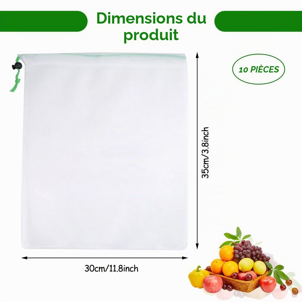 Sac de Cordon en Maille 35 x 30 cm Lavable Anti-Moisissure Nylon Réutilisable Portable pour Shopping Stockage Fruits Légumes