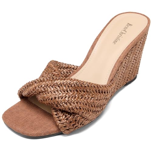 Image of Women's Wedges Heeled Slippers Fabric Heels Slip on Comfy Evening Dress Woven Sandals Square Toe Shoes for Women 3.3 inch Heels