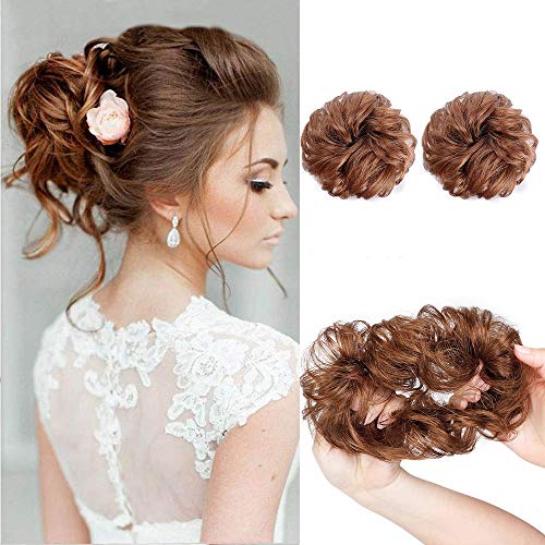 AISI QUEENS 100% Human Hair Bun Extensions 2PCS Curly Wavy Messy Bun Hair Extension Scrunchies Elegant Chignons Wedding Hair Piece for Women and Kids(Color:8# Linen Yellow Brown)