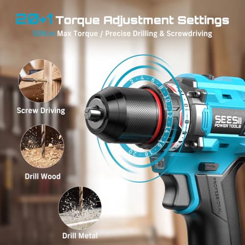 Image of Seesii Impact Wrench Drill Driver,Power Tool Combo Kit For Car Home DIY | 1000N.m Impact Gun,1 /4 inch 180N.m Impact Driver and 3 /8 inch 50N.m Cordless Drill,2 * 4.0Ah Bartteris,Brushless,Fast Charger