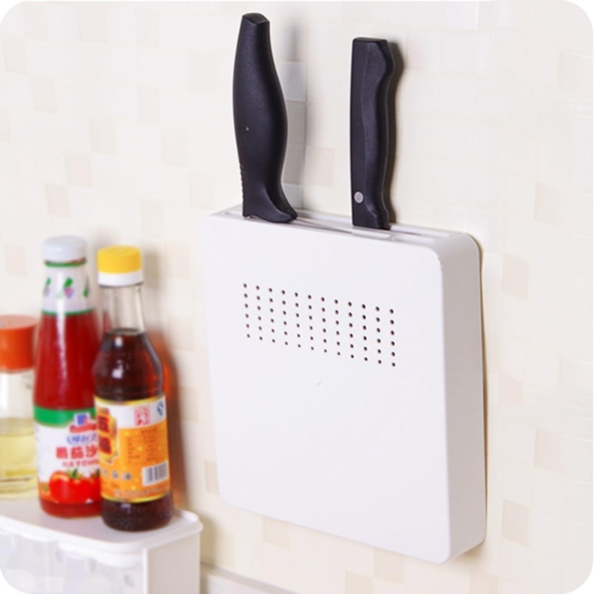 Wall Mounted Knife Storage Rack Block ABS White for Kitchen Cupboard
