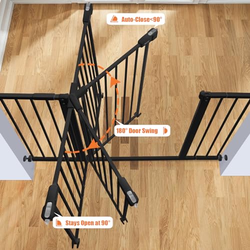 Image of keny 29 inch-47.3 inch Extra Wide Baby Gate for Stairs, Auto Close Safety Dog Gate | Pressure Mounted No Drilling Pet Gate for Doorways, Easy Walk Through Stair Gate for Kids Todder, 30 inch Tall, Black
