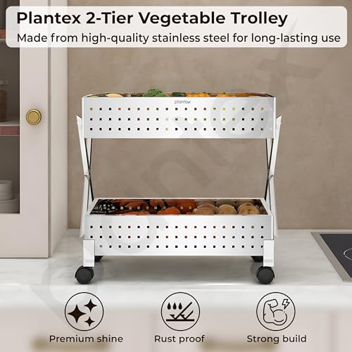 Image of Plantex 2-Tier Vegetable Stand /Onion Potato Rack for Kitchen Trolley /Vegetable Organizer Rack /Stainless Steel Space Saving Organizer Basket Stand /Heavy Duty Rolling Utility Cart-(Chrome)