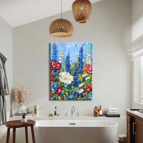 Image of Made USA Framed Red White Blue Wildflower Wall Art, Retro Bedroom Kitchen Wall Decor Rustic 4th of July Independence Day Canvas Prints Artwork, Classic Patriotic Pictures Home Decor