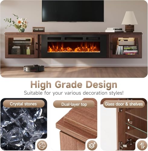 Image of 80 inch Floating TV Stand with Fireplace WI-FI Enabled, High Gloss Finish Wall Mounted Fireplace Entertainment Center with Storage for TVs Up to 90 inch, Brown
