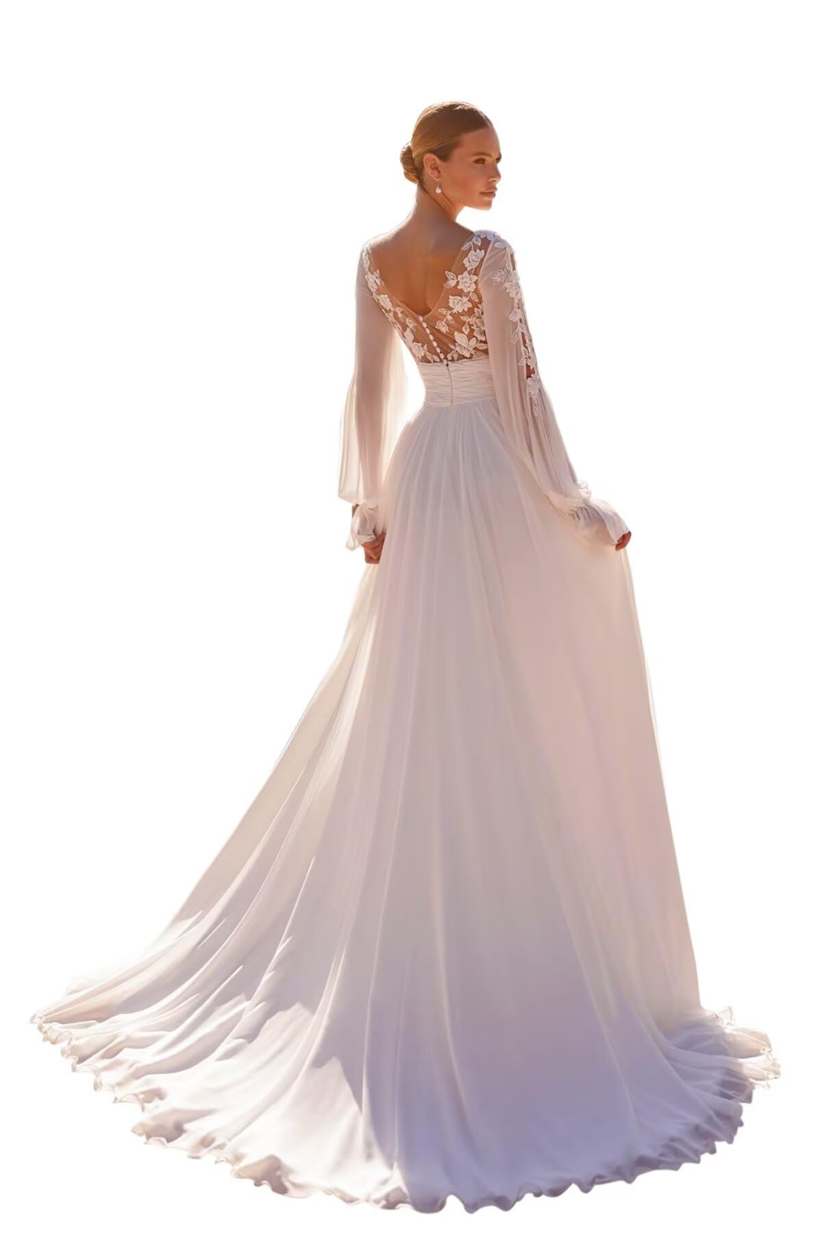 Long Sleeve Chiffon Wedding Dresses 2025 A-Line Lace Applique Sparkly Bridal Gowns for Brides