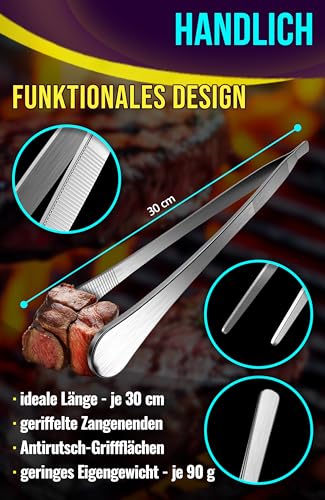 4happy Kochpinzette - 2 Stück Kochpinzette Edelstahl Set, runde Grillpinzette zum Kochen und Braten + spitze Küchenpinzette zum Dekorieren, Pinzette Küche 30 cm 4
