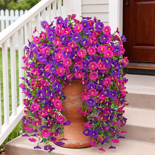 Image of Bassion 2 Packs Artificial Hanging Flowers for Outdoors, Purple Fuschia