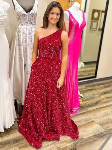 One Shoulder Sequin Prom Dresses for Women 2025 Long Sparkly Ball Gowns Formal Dress Aline Evening Party Gowns2