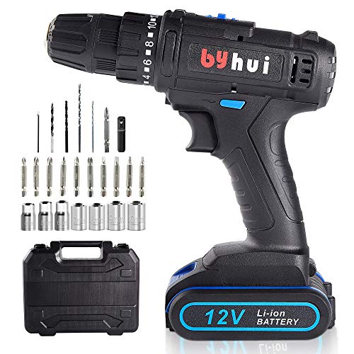 byhui Cordless Drill 12V MAX Drill Set Lithium Ion Cordless Power Hand Drill Kit with 3/8