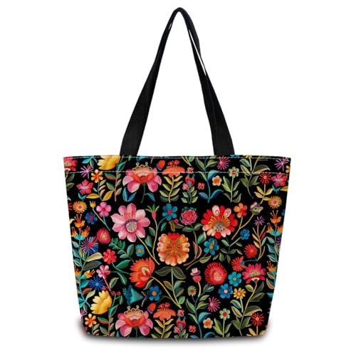 Bolso Tote Florido Colorido Estético con Bolsillo Interior con Cremallera Ligero y Lavable Estilo Bohemio para Mujeres