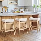 Cozyman Bar Stools Set of 3, Barstools with Sturdy Wood Legs, Saddle Seat Counter Height Bar Stools for Kitchen Counter, Bar, Dining, 24 Inch Farmhouse Counter Stools, Beige Fabric