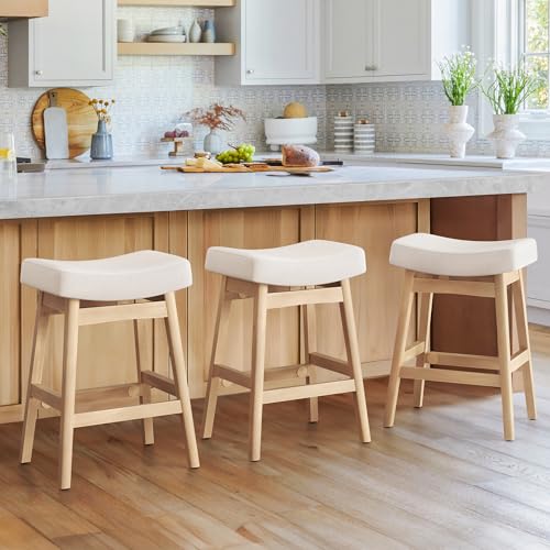 Cozyman Bar Stools Set of 3, Barstools with Sturdy Wood Legs, Saddle Seat Counter Height Bar Stools for Kitchen Counter, Bar, Dining, 24 Inch Farmhouse Counter Stools, Beige Fabric
