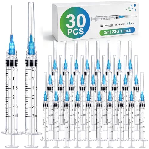 3ml Syringe with Needle - 23g 1 Inch 3 ml Needles and Syringes , Luer Lock 23 Gauge 3cc Disposable for Scientific Lab and Industrial , Sterile Individually Wrapped (3ml 23G 30Pack)