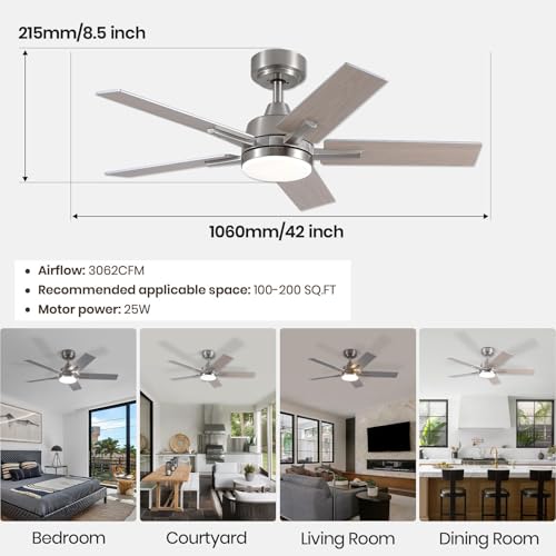 Image of 42 Inch Brushed Nickel Ceiling Fans with Lights and Remote, LED Ceiling Fan