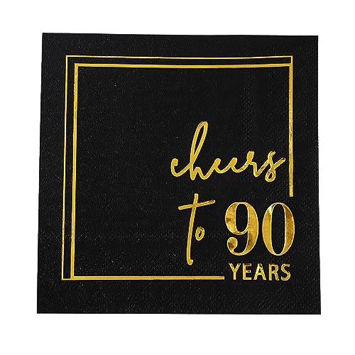 Cheers to Years Cocktail Napkins - 50 PK - 3-Ply Birthday Napkins 5x5 Inches Disposable Party Napkins Beverage Paper Napkins or Birthday Decorations Wedding Anniversary Black and Gold (90 Years)