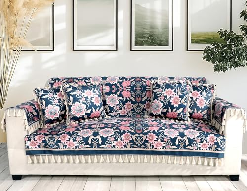 Image of ishro home Premium Sofa Cover 1 Seater Protecter with 2 Handle Covers - Soft European Standard Fabric, Frill Design, Machine Washable | (Night Sapphire, 1 Seater)