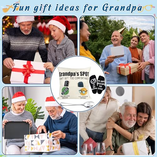 Geefuun Grandpa Fathens Day Gifts:18"x 18" 2-Pocket Grandpa's Pillow Covers & Best Granpa Ever Engraved Spoon & Socks, Father's Birthday Gift for Grandfather Papa (No Fillers)
