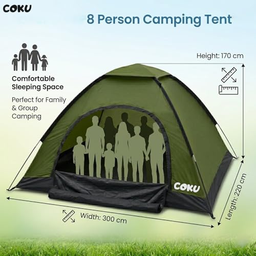 Image of Coku Camping Tent for 8 Persons, Lightweight Backpacking Dome Tent with Mosquito Net, Waterproof Outdoor Tent, Easy Setup for Camping, Hiking, Trekking, Picnic, Travel (8 Person Tent)