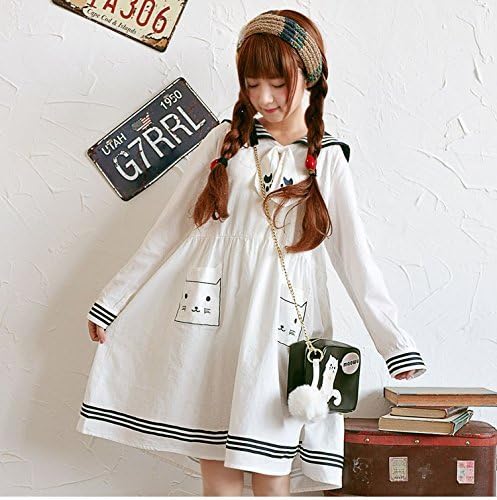 Amazon Co Jp Tshabalalaエネルギー 森ガール ワンピース 長袖 春秋 シャツワンピース 冬 セーラー襟 かわいい 猫刺繍 白ワンピース 膝丈 大きいサイズ シャツ ワンピース 大人 学生 ファッション