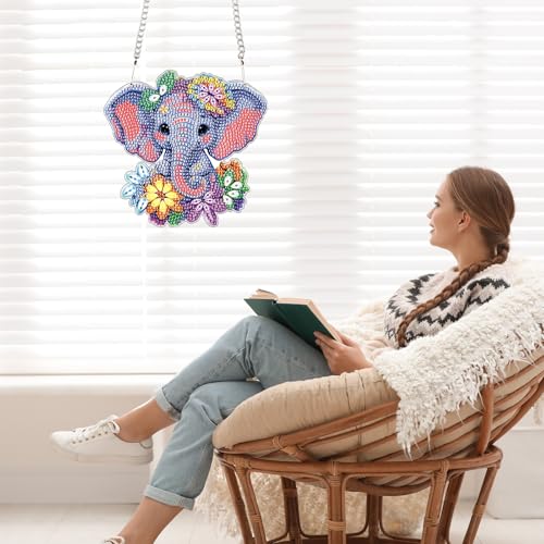Image of Elephant Diamond Painting Hanging Kit, DIY 5D Crystal Acrylic Pendant Ornament, Diamond Art Window and Wall Hanging for Adults, Elephant DIY Diamond Painting Art, Handmade Home Decor Gift