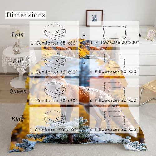 Image of Wildlife Fox Comforter Set Full Size Red Fox Snowy Pine Tree Print Bedding Sets for Girls Boys Kids Adults Bedroom Decor Autumn Forest Quilt 1 Comforter 2 Pillowcases